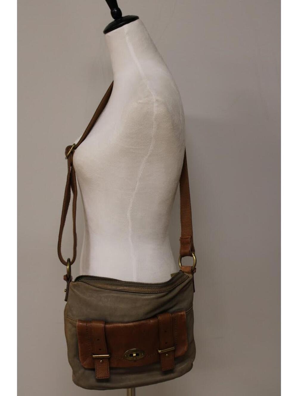 Fossil Gray and Brown Leather Crossbody Bag Purse 11.5" wide x 11" tall